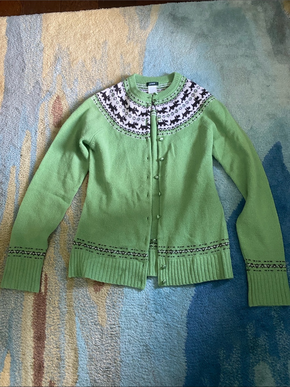 J. Crew Green Fair Isle Scottie Dog Cardigan